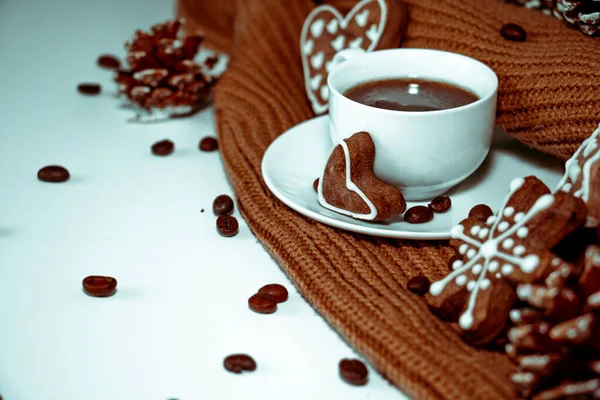 Cup Coffee Gingerbread Cookies Brown Scarf White Background — Stock Photo, Image