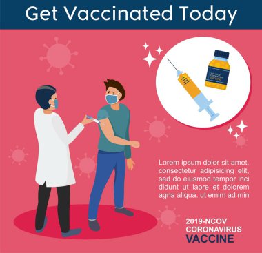 Bugün aşı yaptırın. Corona Virüsü, Covid-19 aşı farkındalığı konsepti. Düz biçim illüstrasyonu.