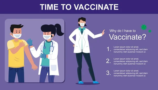 Tijd Vaccineren Corona Virus Covid Vaccinatie Bewustmakingsconcept Platte Stijl Illustratie — Stockvector