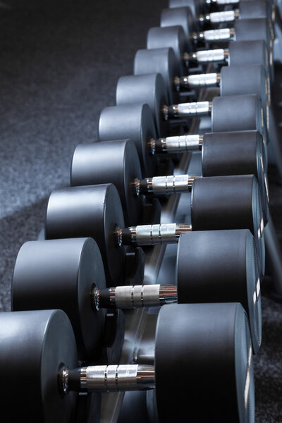 Row of dumbbells at gym