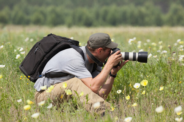 Photographer is taking a picture on green meadow