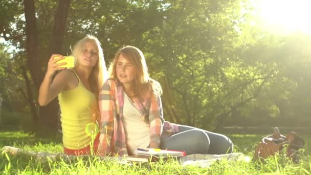 Две девушки берут селфи на зеленую лужайку — стоковое видео