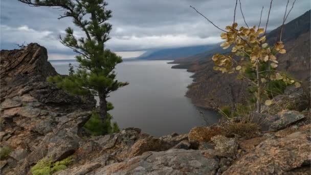 Časová prodleva jezera Bajkal oblačné scenérie. Výškový výhled na les horských a podzimních stromů. Dřevo — Stock video