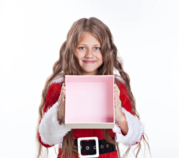 Little christmas girl with gift box. — Stock Photo, Image