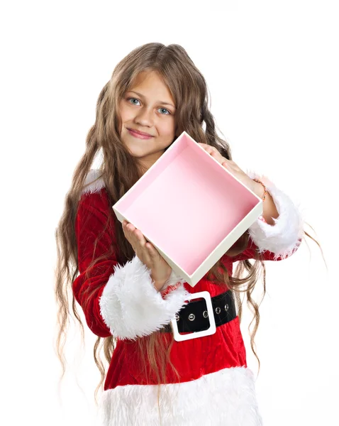 Little christmas girl with gift box. — Stock Photo, Image