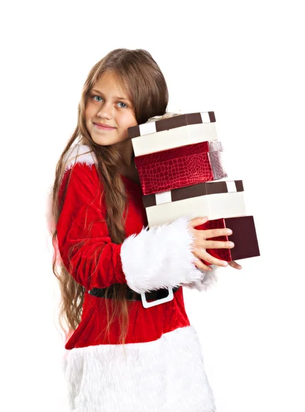 Little christmas girl with gift boxes. — Stock Photo, Image