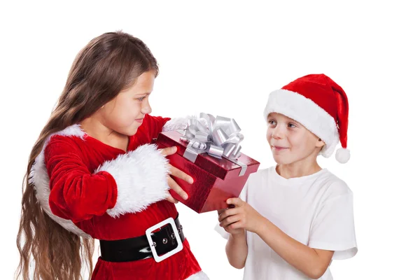 Christmas boy and girl with gifts. — Stock Photo, Image