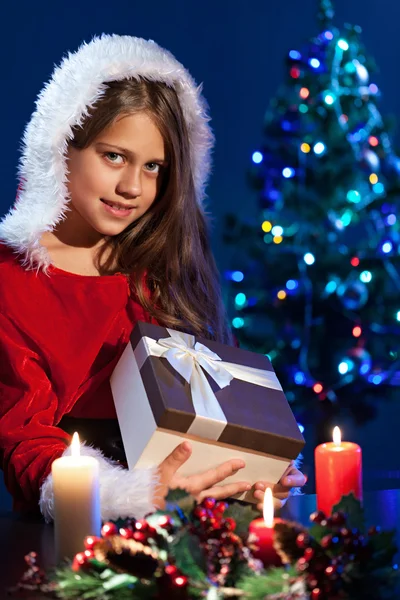 Happy Little Girl Holding a Present Christmas Box — Stock Photo, Image