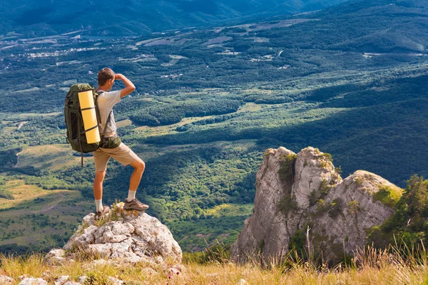 Mochilero en la roca y mirando el gran valle —  Fotos de Stock