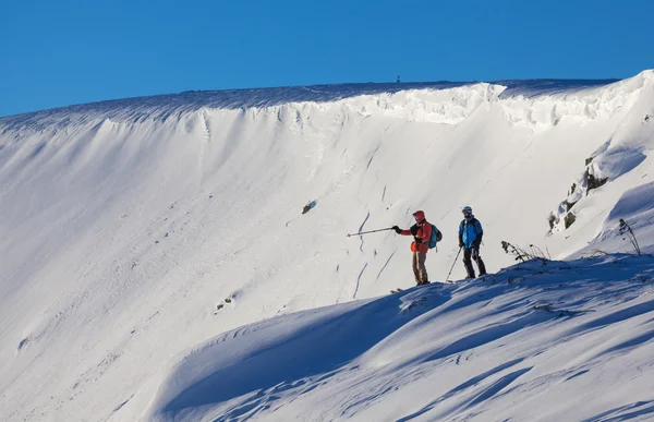 山の上を歩く 2 つのスキーヤー — ストック写真