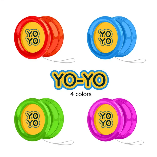 Yo-yo mit weißem Faden, 4 farbige Spielzeuge. Symbole. Vektorillustration — Stockvektor