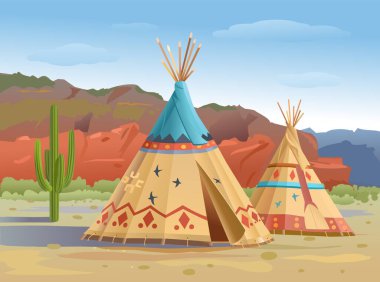 Wigwam and tipi Indians in the mountains of America. Vector illustration clipart