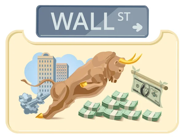 Wall Street Bika Pénzügyi Központ Pénz Wall Street Támadó Bika — Stock Vector
