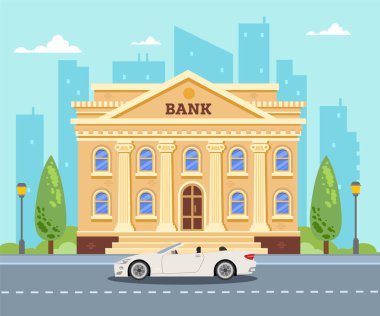 Şehrin arka planındaki banka binası. Bankanın yanındaki beyaz araba. Düz vektör illüstrasyonu