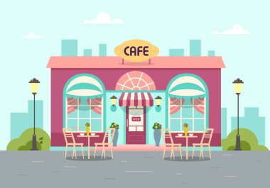 Bina bir yazlık kafe. Şehirde masası olan şık bir kahve dükkanı. Vektör düz resimleme