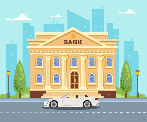 Bâtiment Banque Sur Fond Ville Voiture Blanche Près Banque Illustration — Image vectorielle