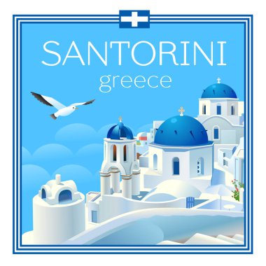 Santorini Adası, Yunanistan. Güzel geleneksel beyaz mimari ve kalderanın üzerinde mavi kubbeler olan Yunan Ortodoks kiliseleri, Ege Denizi. Reklam kartı, kare mıknatıs, broşür. Vektör illüstrasyonu