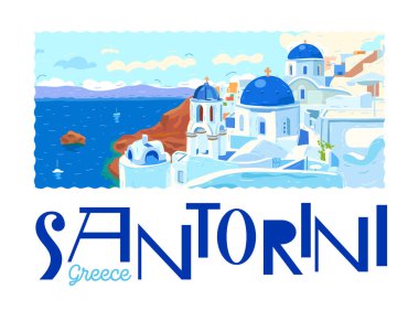 Santorini Adası, Yunanistan. Güzel geleneksel beyaz mimari ve kalderanın üzerinde mavi kubbeler olan Yunan Ortodoks kiliseleri. Deniz. Logo, şehrin amblemi. Posta pulu. Vektör illüstrasyonu