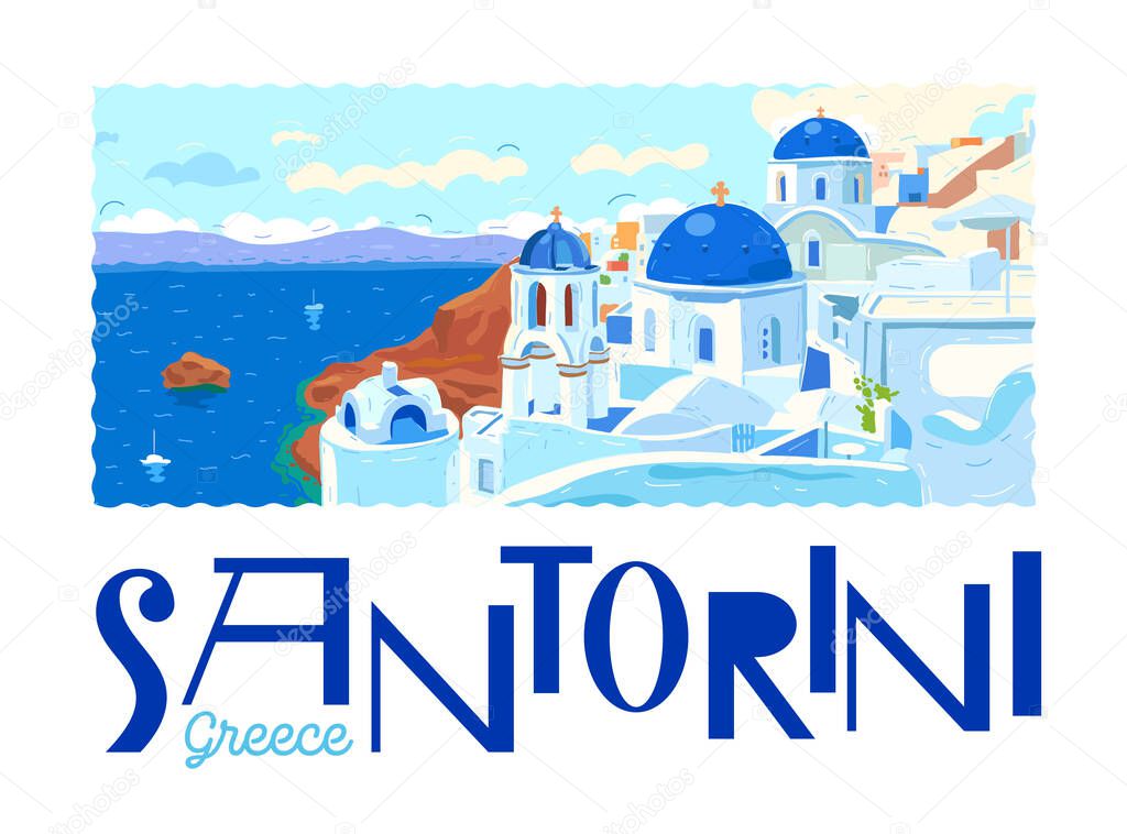 Santorini island, Greece. Beautiful traditional white architecture and Greek Orthodox churches with blue domes over the caldera. Sea. Logo, emblem of the city. Postage Stamp. Vector illustration