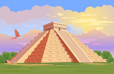 El Castillo (Kukulkan Tapınağı) Chichen Itza, Yucatan, Meksika 'da Maya piramidi. Ormanda gündüz vakti antik Maya piramitlerinin vektör çizimi