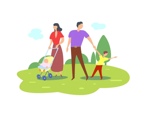 Happy Young Family Walks Together Green Nature Summer Vector Flat — Stock Vector