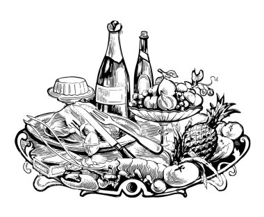 Bir şişe şarap, kanser, tavuk, ananas, meyve, domates ve lahanayla dolu bir hayat. Mürekkep karalaması, siyah-beyaz gravür. El vektör çizimi beyaz arkaplanda izole edildi.