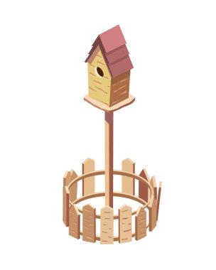 Küçük çitli ahşap kuş evi. Vektör izometrik illüstrasyon.