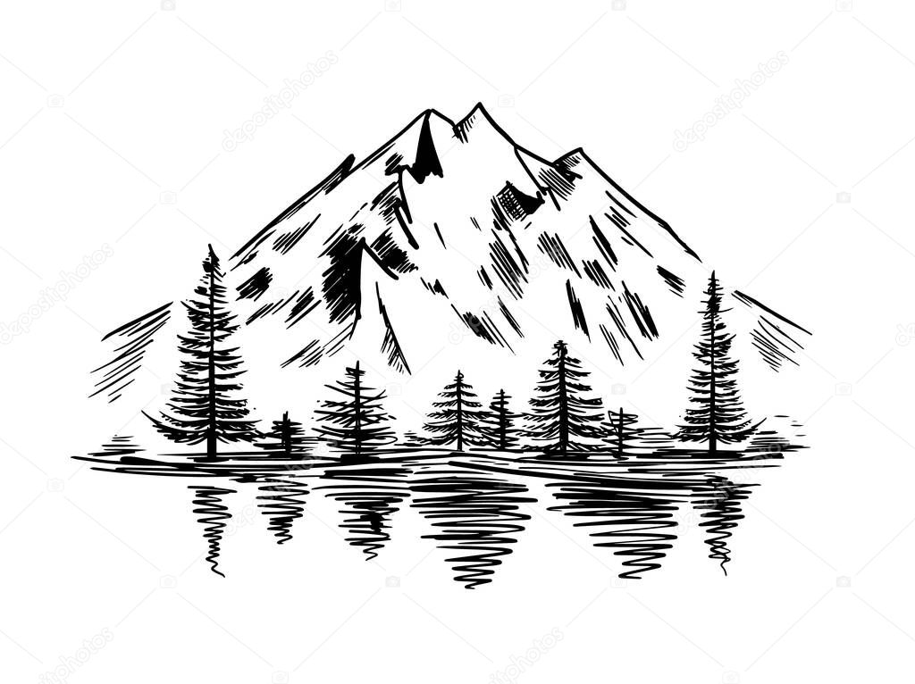Mountain landscape with lake and firs. Hand drawn rocky peaks in sketch. Black on white vector illustration