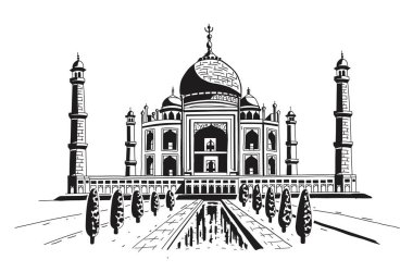 Taj Mahal Hindistan 'da bir saraydır. Şehir simgesi, mimari, Hindu tapınağı. Cami. Kabartma, el çizimi, iki renk, siyah beyaz. Vektör illüstrasyonu