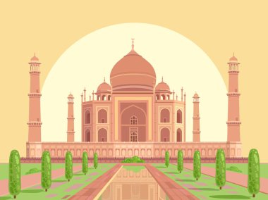 Taj Mahal Hindistan 'da bir saraydır. Cami. Hint kenti Agra 'daki Hint tapınağı Uttar Pradesh' te. Vektör düz resimleme