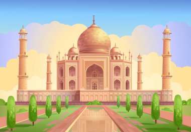 Taj Mahal Hindistan 'da bir saraydır. Cami. Hint şehri Agra, Uttar Pradesh 'teki tarihi, mimari, Hindu tapınağı. Vektör illüstrasyonu