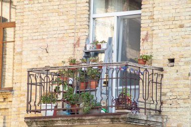 balkon bir tuğla evde çiçek açan çiçekler ile 