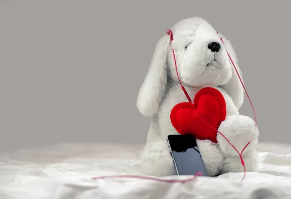 White Plush Dog Toy Listening Music Headphones Red Heart Copy — Stock Photo, Image