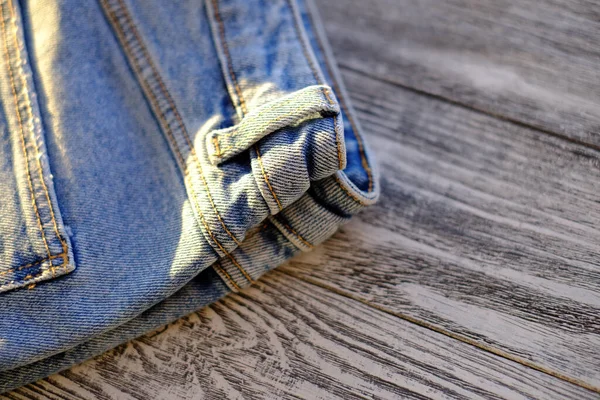 Jeans Denim Grey Wooden Background Sunlight Close Shopping Concept — Stock Photo, Image