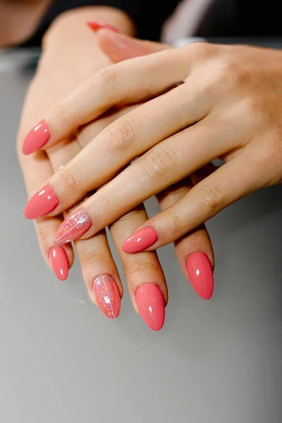 Close Woman Hand Showing Pink Polish Nail Art Styling Beauty — Stock Photo, Image