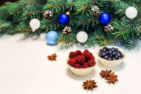 Christmas Layout Berries Table Blue Decorations Fir Branches New Year — Stock Photo, Image