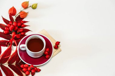 Beyaz bir yüzey üzerinde beyaz bir fincan gül çiçeği çayı, yanında taze gül üzümü ve renkli yapraklar, metin için bir yer.