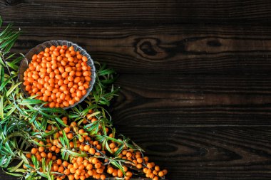 Koyu ahşap bir yüzey üzerinde deniz dikenli dallar ve meyveler.