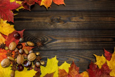 Ahşap bir arka planda fındık, kestane ve meşe palamudu renkli sonbahar yaprakları ve metin için yer var. yatay düzenleme