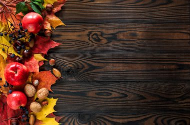 Sonbahar parlak sarı-kırmızı yapraklar, fındıklar, ahşap bir arka planda elmalar. Tahtadan yapılmış doğal bir masa. Metin için boşluk olan üst görünüm