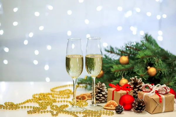 Deux Verres Composition Champagne Avec Des Décorations Noël Nouvel Sur — Photo