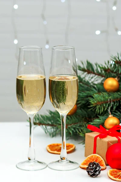 Deux Verres Composition Champagne Avec Des Décorations Noël Nouvel Sur — Photo