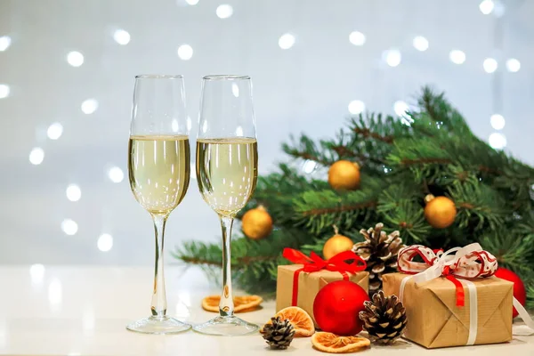 Deux Verres Composition Champagne Avec Des Décorations Noël Nouvel Sur — Photo