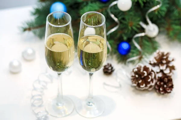 Deux Verres Composition Champagne Avec Des Décorations Noël Nouvel Sur — Photo