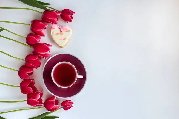 Composição Com Tulipas Rosa Para Março Cartão Saudação Com Espaço — Fotografia de Stock