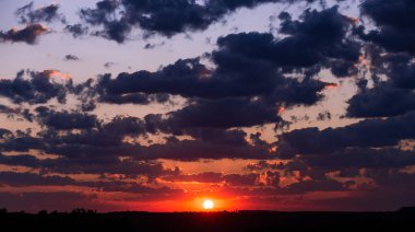 Güzel günbatımı güneşi ve ağaçların üzerindeki bulutlar