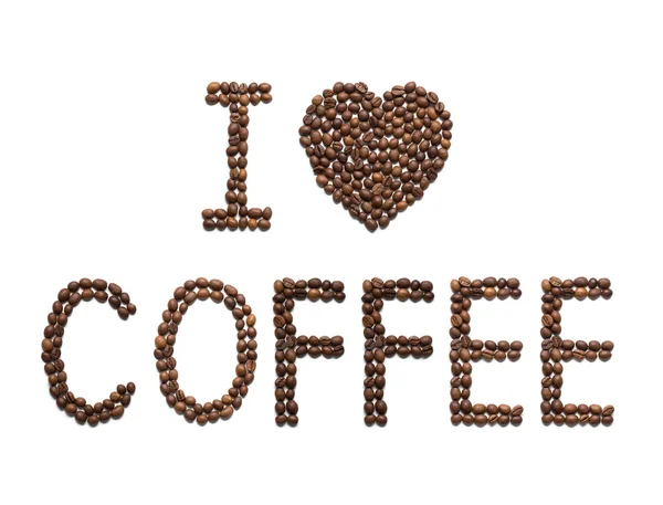 "I love Coffee "wiadomość umieszczona z ziaren kawy i izolowane na białym tle — Zdjęcie stockowe