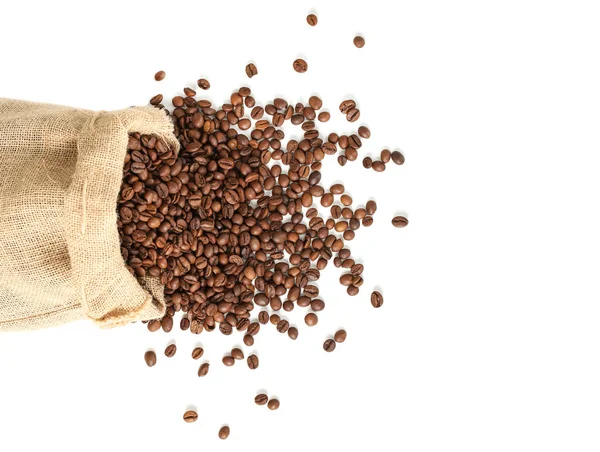 Kaffebönor i kaffe väska tillverkad av säckväv — Stockfoto