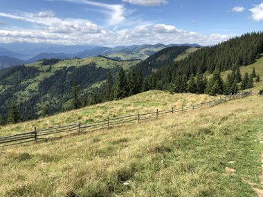 Dağlardaki güzel bulutlu manzaranın manzarası. Çimenli tarla ve tepeler.