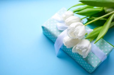 Hediye ve çiçekler mavi arka planda beyaz laleler. Kadınlar günü. Anneler Günü. Çiçekler. Beyaz kurdeleli bir hediye..